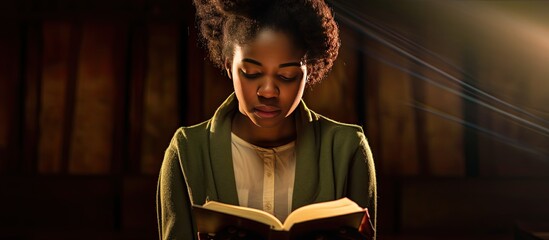 African American female student studying religion in a Chicago college library