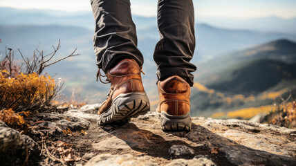 A person wearing hiking boots stands in the mountains and .