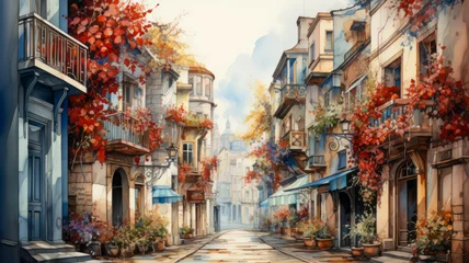 Foto auf Acrylglas Watercolor painting of a city streets in autumn © senadesign