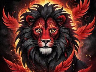 "A close-up view of a mystical lion with phoenix-like qualities, adorned in vibrant digital hues of red and black. Generative AI