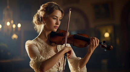 beleza mulher linda tocando violino  - obrazy, fototapety, plakaty