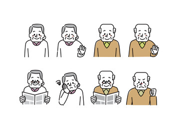 いろんな表情のおじいさんおばあさんのイラストセット（笑顔、新聞を読む、がっかり、怒る）
