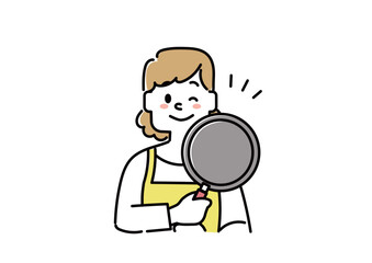 エプロンをつけている主婦のイラスト（料理、ウインク）