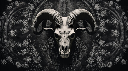 Tapeçaria satânica preto e branco, cabeça de cabra, pentagrama, cabra, esqueleto