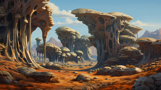 In a mysterious realm, the landscape takes on an otherworldly and surreal character, where colossal sentient rocks emerge organically, their massive forms shaped by an ancient intelligence