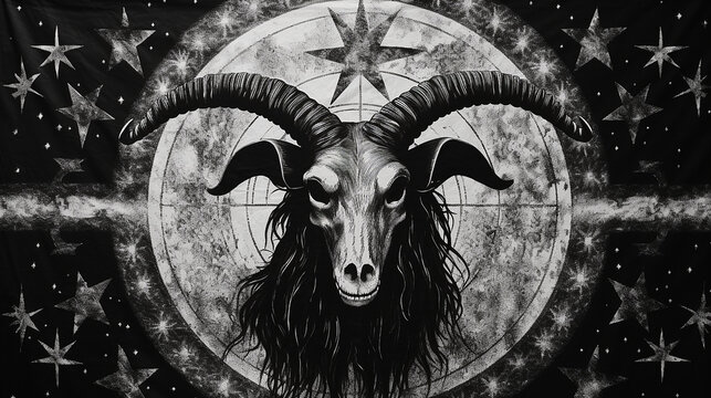 Tape&ccedil;aria sat&acirc;nica preto e branco, cabe&ccedil;a de cabra, pentagrama, cabra, esqueleto