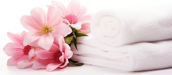 Fototapeta na wymiar Isolated spa setup with towels and flowers on white background