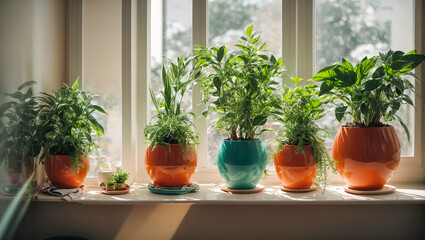 Indoor plants in pots on the window