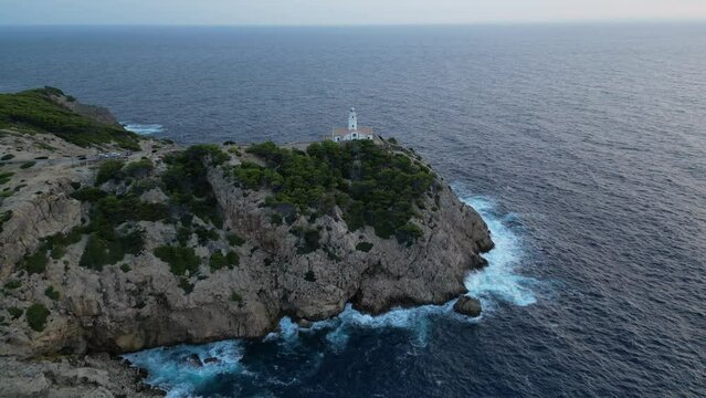 Lighthouse Aerial Footage "Faro de Capdepera" from above, Mallorca, Spain, September 