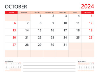 Calendar 2024 template vector on red background, October 2024 template, Planner, week start on Sunday, Desk calendar 2024 design, minimal wall calendar, Corporate planner template vector