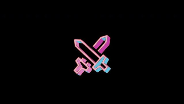 Bright swords icon is jumping merrily. Retro style. Alpha channel black. Looped from frame 120 to 240, Alpha BW at the end