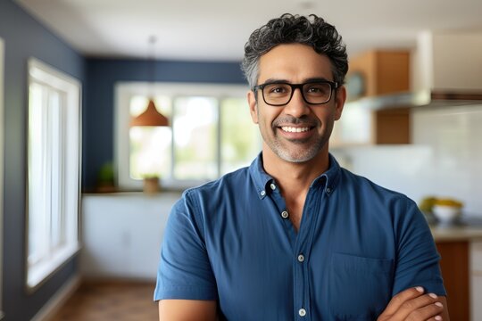 Smiling Middle eastern Middle-aged guy with eyeglasses and blue shirt at home