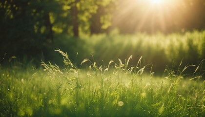 Summer beautiful spring forest featuring defocused green trees, wild grass, and sun beams for perfect natural landscape background