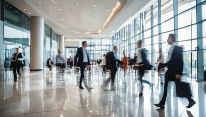 Blurry trail of fast moving business people in bright office lobby captured in long exposure shot