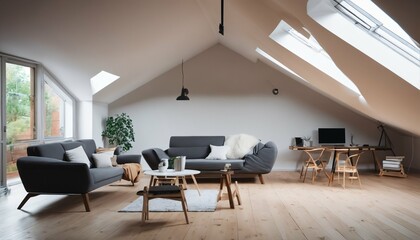 Scandinavian home interior: Modern living room design in attic with lining ceiling