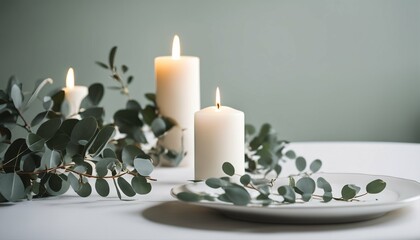 Obraz na płótnie Canvas Eucalyptus and candles in minimalist tablescape: White and green design