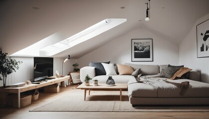 Lining ceiling in attic: Modern living room featuring Scandinavian home interior design