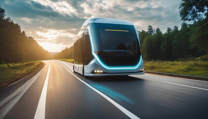 Futuristic autonomous bus: Electric vehicle driving on open highway with nature background