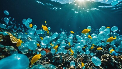 Obraz na płótnie Canvas Illustration of ocean pollution: Plastic bottles and microplastics impact