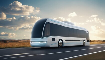 Open highway journey: Futuristic electric autonomous bus with stunning nature background - obrazy, fototapety, plakaty