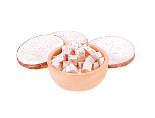 slice taro root in wooden  cup isolated  transparent  png