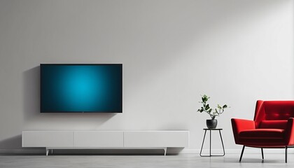 Wall-mounted TV and red armchair in a living room with a white wall