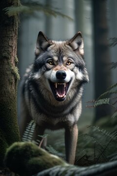 Picture of a wolf baring its fangs in the forest