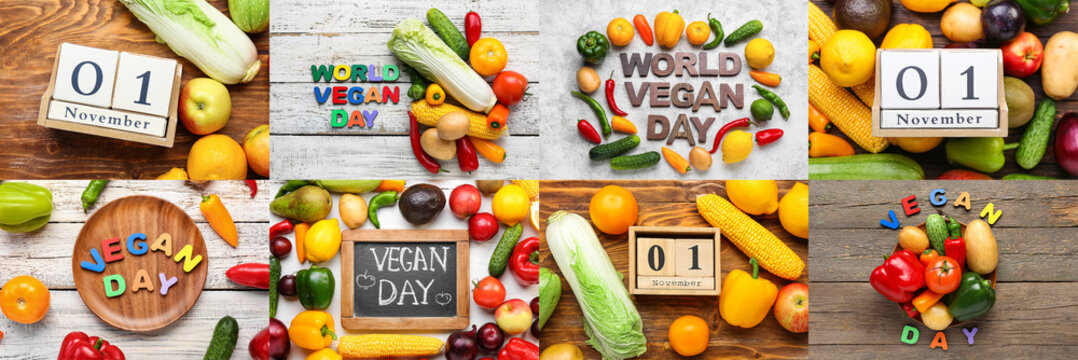 Collage for Vegan Day with many fruits and vegetables - Powered by Adobe