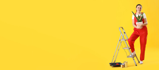 Young woman with houseplant, ladder and paint cans on yellow background with space for text