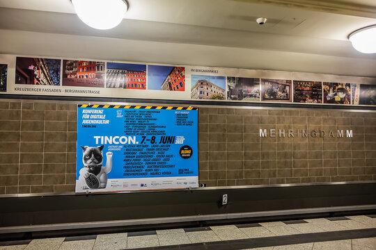 Mehringdamm (opened in 1924 as Belle-Alliance Strasse, current name Mehringdamm from 1947) - subway station (U-Bahn) in Berlin (line U6 and U7). BERLIN, GERMANY. JUNE 2, 2023.