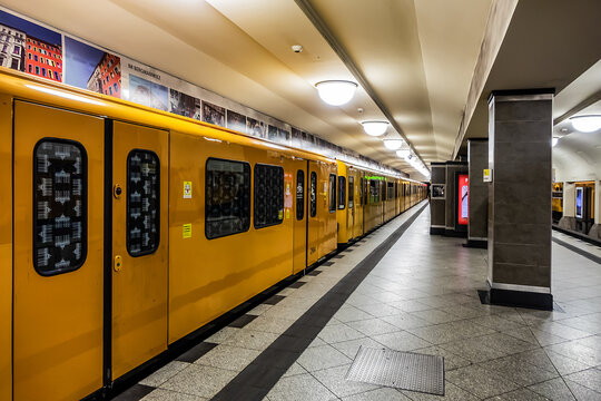 Mehringdamm (opened in 1924 as Belle-Alliance Strasse, current name Mehringdamm from 1947) - subway station (U-Bahn) in Berlin (line U6 and U7). BERLIN, GERMANY. JUNE 2, 2023.