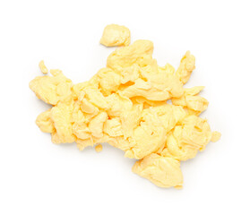 Tasty scrambled eggs on white background