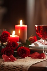 Happy Valentines day. Romantic table setting with red roses, candles and glasses of wine.