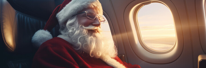 Santa Claus on a plane on Christmas poster with copy space.