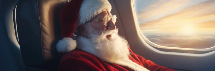 Fotobehang Santa Claus on a plane on Christmas poster with copy space. © comicsans