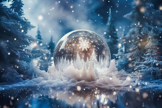 White Christmas snowball wit magical Christmas white trees inside and snowflake stars in a middle of winter forest.