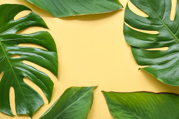 Fototapeta na wymiar Different tropical leaves on yellow background