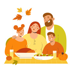 Family of three celebrating Thanksgiving holiday with turkey dinner at home. Flat style people characters vector illustration.
