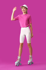 Young woman dressed as doll in roller skates on purple background