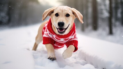 Christmas Labrador Dog portrait background. Cheerful Cute Golden Retriver puppy wearing Christmas costume with New Year festive decorations. Adorable family pet.