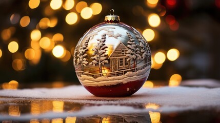 Christmas tree decorative ornaments ball Hanging Fir Branch bokeh background. Merry Xmas decoration. Happy New Year holiday object.