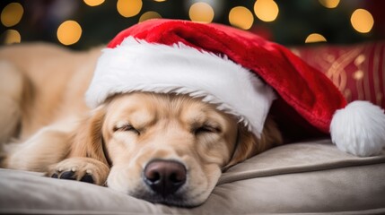 Christmas Labrador Dog portrait background. Cheerful Cute Golden Retriver puppy wearing Christmas costume with New Year festive decorations. Adorable family pet.