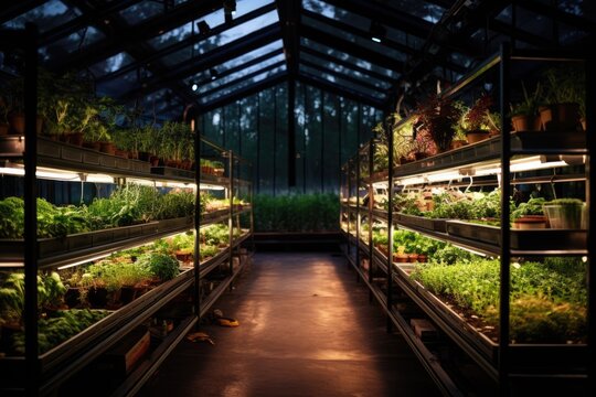 A greenhouse filled with rows of hydroponically grown herbs and vegetables, illuminated by energy-efficient LED lights.