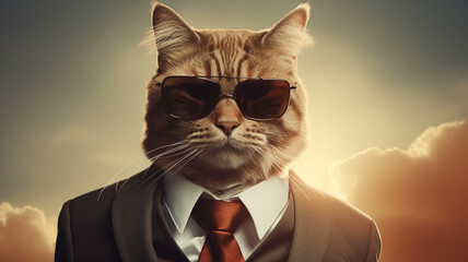 A business-savvy cat dressed in a tuxedo and wearing sunglasses, exuding an air of sophistication and professionalism.