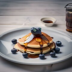 Obraz na płótnie Canvas A plate of pancakes formed into a turtle, with blueberry eyes and syrup shell3