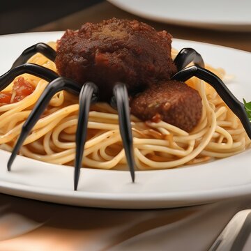 A plate of spaghetti that has become a spider, with meatball abdomen and noodle legs5
