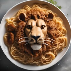 A plate of ramen noodles shaped like a lion, with meatball mane and spaghetti body4