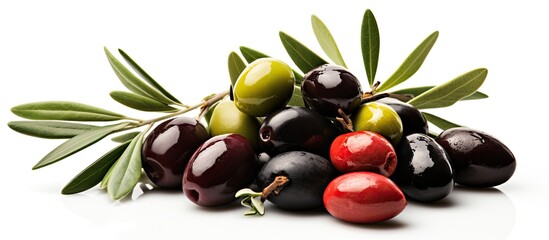 Assorted olives soaked in oil with leaves - obrazy, fototapety, plakaty