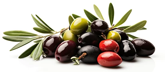 Keuken spatwand met foto Assorted olives soaked in oil with leaves © AkuAku