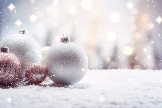 Festive Christmas baubles lying on the fresh snow with blured lights and snow in the background Christmas greeting card image
